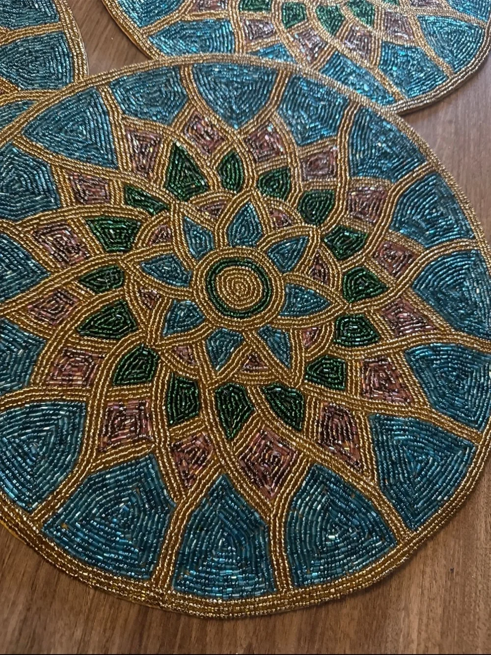 Tahari Teal and Gold Beaded Round Placemats - Set of 4